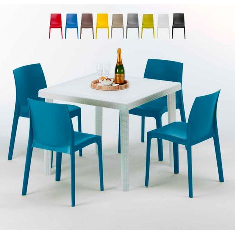 Table Carrée Blanche 90x90cm Avec 4 Chaises Colorées Grand Soleil Set Extérieur Bar Café Rome Love - Bleu (1/5)
