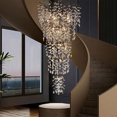 ATFOLIX Lustre cristal escalier 160cm 28 feux K9 noir 5 niveaux gouttes de pluie vestibule