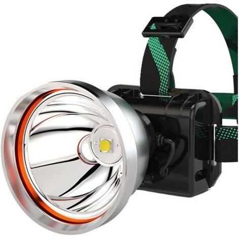 Ultrahelle, wiederaufladbare Stirnlampe/Scheinwerfer/Akku-Scheinwerfer, ideal für Gartenarbeit, Camping und Angeln. Silberner XPG-Ring, gelbes Licht, elektrisch betrieben. (1/4)