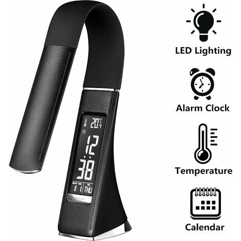 Lampada da scrivania a LED con schermo dimmerabile, sveglia, calendario, visualizzazione della temperatura, lampada da comodino con 3 livelli di luminosità, lampada da tavolo con controllo touch, nera