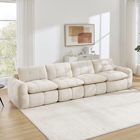 Canapé modulable XL 4 places en chenille, grand canapé droit avec assise épaisse et modules séparables pour salon cosy Beige, 334 x 97 x 68 cm
