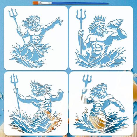 4 Pcs Pochoirs du Dieu de la Mer avec Pinceau 30x30cm 4 Styles Pochoirs de Peinture de Vagues Dieu de la Mer Gabarit de Thème Océan pour Peinture sur Bois Mur Meuble DIY Décor Maison (1/5)