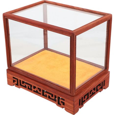 Présentoir de Bureau Vitrine en Verre Transparent 19x14x14 Cm Socle Bois Sculpté Rouge Fonction Anti-poussière pour Objets de Collection Décor Intérieur (1/5)
