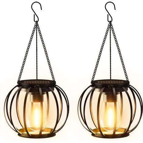 Garden Solar Lights for Outdoor Hanging, Pack of 2 Solar Lanterns for Outdoor Use with Large LED Bulb, IP65 Waterproof Metal Solar Lights for Outdoor, Patio, Lawn, Balcony, Yard, Garden (1/5)
