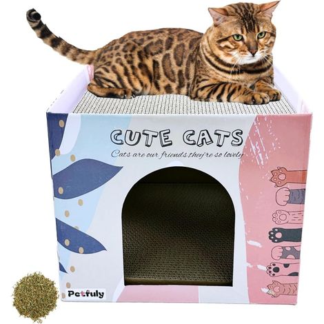 Cat Scratcher House x2 Pads Corrugated Paper Board for Indoor Cats with Catnip - Scratch Cardboard Bed for Scratching & Rest - Durable Recycled Paper Box Pet Kitten Toys (1/5)
