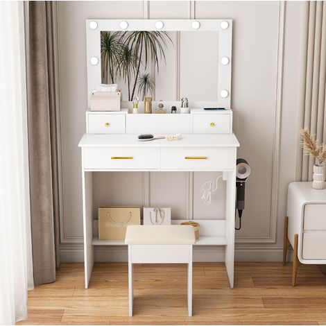 Tavolo da trucco 80 cm bianco con LED a 3 colori, presa e 4 cassetti, con sgabello imbottito (1/5)