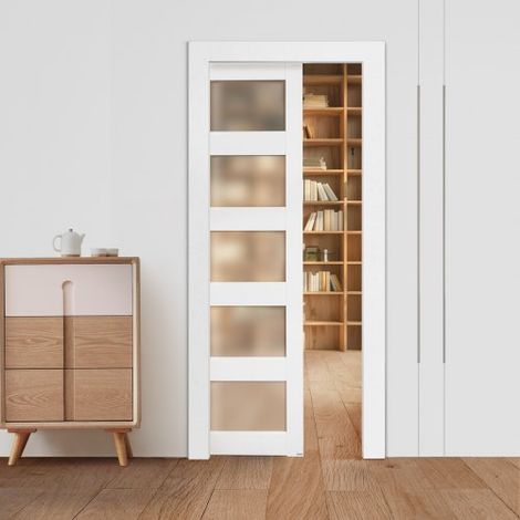 Porte Coulissante Escamotable 203,5x91,5 cm, Simple Porte à Galandage avec 5 Panneaux en Verre Dépoli, Kit de Quincaillerie, Robuste en Bois Massif et MDF, pour Chambre, Cuisine, Bureau (1/3)