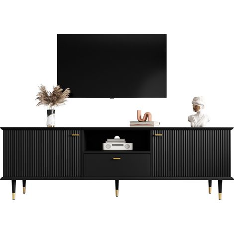 Meuble TV mosaïque bas 2 portes tiroir aspect bois panneaux particules pieds métal