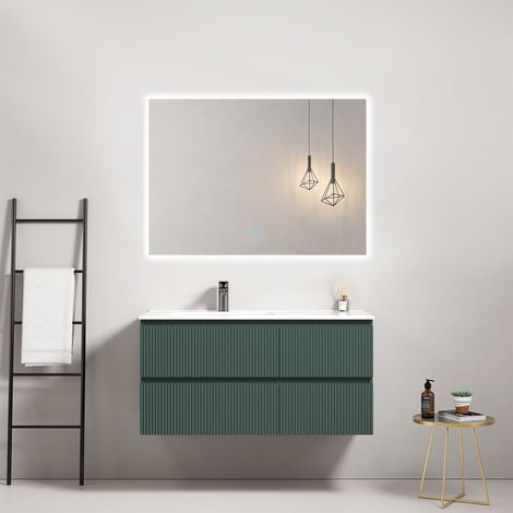Mobile bagno sospeso cannettato 100 cm Verde Comodoro Lavabo a Sinistra in Ceramica Specchio Quadro Retroilluminato - Fiji Paint