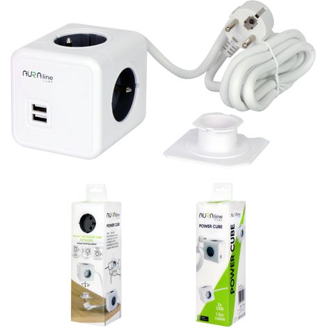 Rallonge 4 prises + 2 ports USB 2,1 A/5 V, câble Aura Line Cube 1,5 m 16 A, support de fixation (1/4)