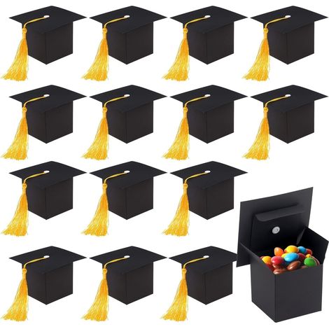 30 scatole di laurea con dolci, scatola regalo a forma di cappello da dottorato, scatola di dolci a forma di cappello da laurea, scatole di dolci nere con pompon giallo, ideali per bomboniere, cerimon