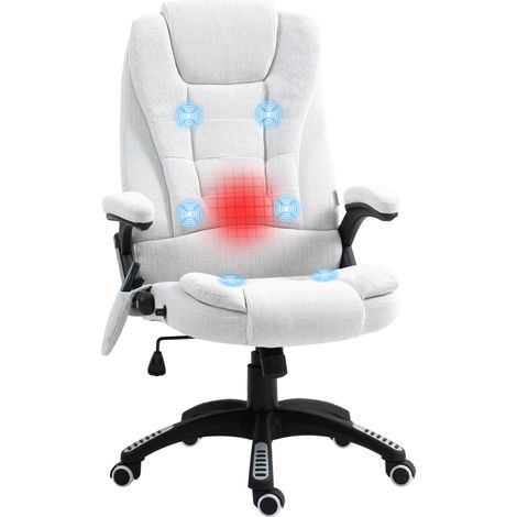Massage Recliner Chair Heated Office Chair with Six Massage Points Linen-Feel Fabric 360° Swivel Wheels Cream White (1/5)