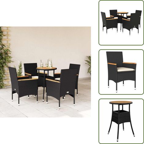 The Living Store Ensemble à manger de jardin et coussins 5 pcs noir rotin acacia - Salon De Jardin - Mobilier De Jardin - Set De Salon De Jardin - Table De Jardin - Chaises De Jardin (1/5)