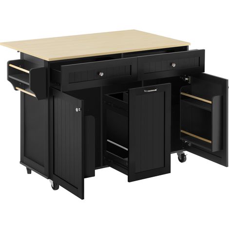 ELVMI Isla de Cocina con Ruedas, Encimera Abatible, Cajones y Estantes Ajustables, MDF Negro, 140 x 40-70 x 92 cm (1/5)