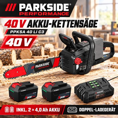 PARKSIDE PERFORMANCE 40V Kettensäge PPKSA 40 Li C3 Akku 4.0 Ah, Doppel Ladegerät