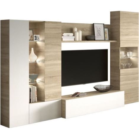ESSENCIAL Meuble TV avec LED classique blanc brillant et décor chene - L 260 cm (1/5)