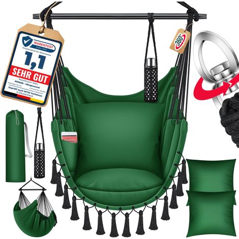 KESSER® Hängesessel mit 2 Kissen Getränkehalter & Bücherfach - Safari XXL Hängestuhl für Erwachsene & Kinder Hängematte bis 150 kg Hängesitz Grün