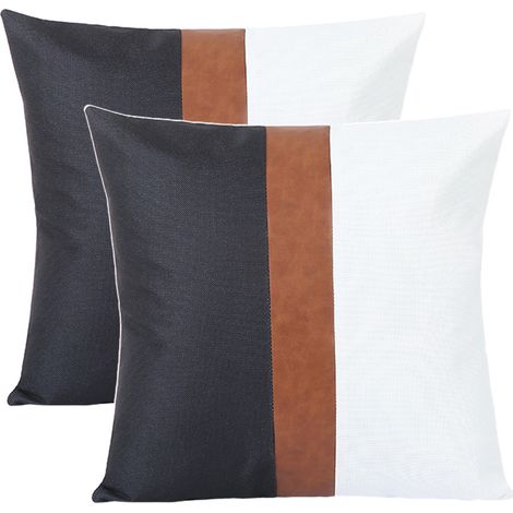 Ensemble de 2 housses de coussin décoratives en lin à rayures patchwork, style moderne, imitation cuir, noir (1/5)