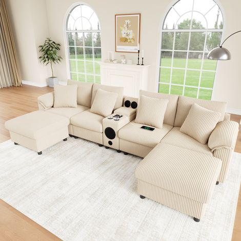 Canapé modulable d’angle en velours côtelé beige, 4 à 6 places, avec enceinte Bluetooth, console multimédia, rangement, recharge sans fil et ports USB – CHICFURN (1/5)
