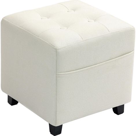 Repose-pieds Ottoman Tabouret Siège d'Appoint avec Poche Latérale en Tissu Aspect Lin Crème Pieds Bois 35x35x35 cm (1/5)