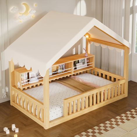 Lit au sol enfant 90x200 cm, lit à baldaquin avec guirlande LED, bibliothèque et barrière de sécurité, structure en Bois, Naturel (1/5)