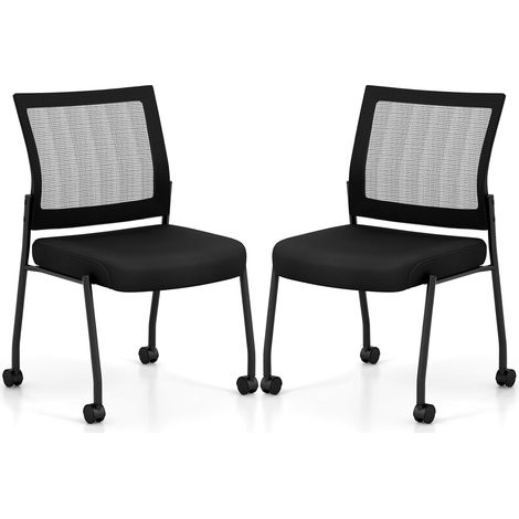 Costway – Lot de 2 chaises de bureau empilables – Dossier en maille ergonomique – Siège rembourré 8 cm – Roulettes pour mobilité – Charge 125 kg, noir (1/5)
