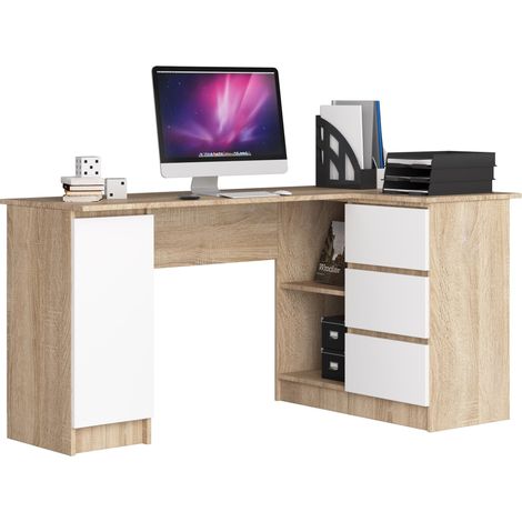 Akord – Bureau d'angle 155 cm chêne sonoma – 3 tiroirs et 4 étagères – Construction robuste en panneau stratifié – Facile à assembler
