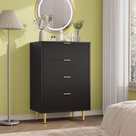 Commode de Chambre à 4 Tiroirs, Commode en Bois Moderne à Façade Cannelée, Table de Chevet 60x40x94 cm avec Poignées, Pieds en Métal, pour Chambre, Salon, Entrée (1/5)