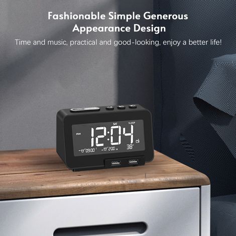 Reloj despertador multifuncional: pantalla LCD, Bluetooth 5.0, radio FM, 2 alarmas con indicador de temperatura, diseño moderno para adultos y niños. (1/5)