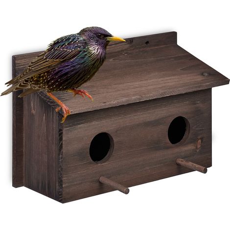 Relaxdays Nistkasten für Stare, natürliches Tannenholz, 2x Einflugloch 5 cm, Sitzstange, Vogelhaus zum Aufhängen, braun