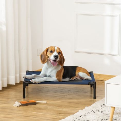 Cama elevada para perros (76x61x18 cm), para interior y exterior, estructura de acero, tejido Oxford azul (1/5)