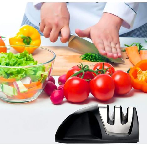 Affilacoltelli da cucina professionale 2 in 1, affilacoltelli manuale per coltelli in acciaio inox e ceramica di tutte le dimensioni, base antiscivolo, nero (1/4)