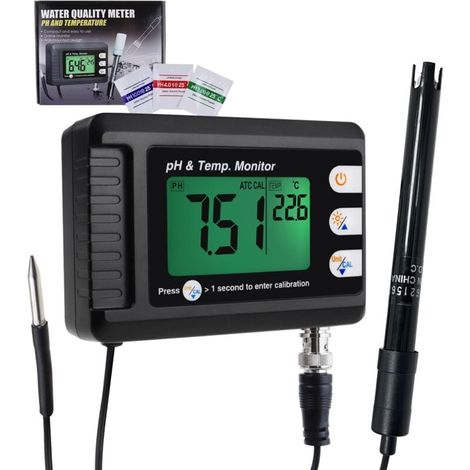 2-in-1 pH- und Temperaturmessgerät, selbstkalibrierende BNC-Sonde, pH-Bereich 0–14, für Hydrokultur, Aquarien, Wasserlabore, Lebensmittel- und Trinkwasseranalyse (XXW) (1/4)