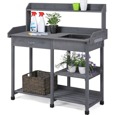 Yaheetech Table de Préparation pour Semis en Bois Plan de Travail avec Tiroirs Amovibles et Etagères de Rangement en Bois Gris