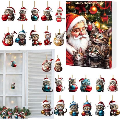 Weihnachtsschmuck in Katzenform für Weihnachtsbaum, hängende Dekorationen für Katze, Tier, aus Acryl, 2D Anhänger Kätzchen, Countdown-Kalender, 24 Tage (1/5)