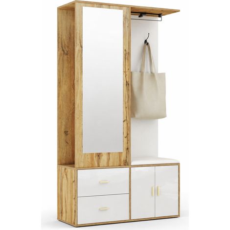 Vestiaire d’entrée avec miroir, banc à chaussures, tiroirs et tringle extensible, blanc et bois clair, rangement compact gain de place pour couloir  CHICFURN (1/5)