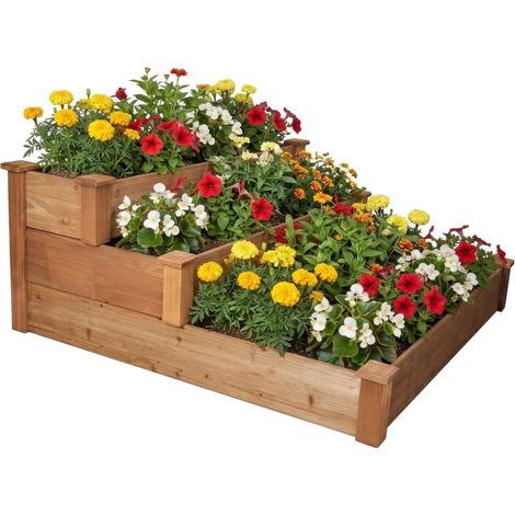 needs&wants® Großes Hochbeet Stufenbeet 3-stufig aus Holz für Garten Terrasse, Pflanzbeet Pflanztreppe XL quadratisch, Etagen Blumenbeet Kräuterbeet Blumentreppe, 123,5 x 123,5 x 53 cm, braun