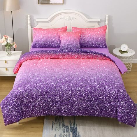 Parure de lit 6 pièces Bed in A Bag pour Filles et Enfants 1 Couette, 2 taies d'oreiller, 1 Drap Plat, 1 Drap-Housse, 1 Housse de Coussin Rose Violet (1/5)