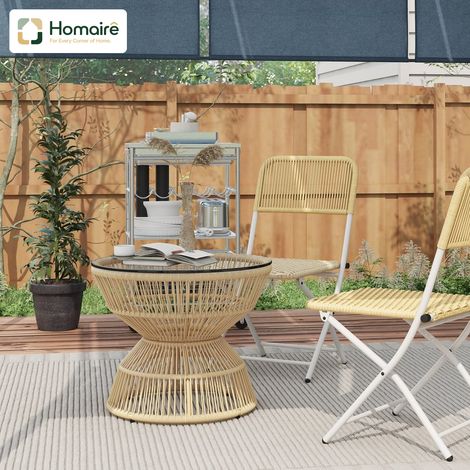 HOMAIRE Beistelltisch Rattan Ø60 cm Couchtisch Gartentisch Hartglas Boho-Design Naturholz