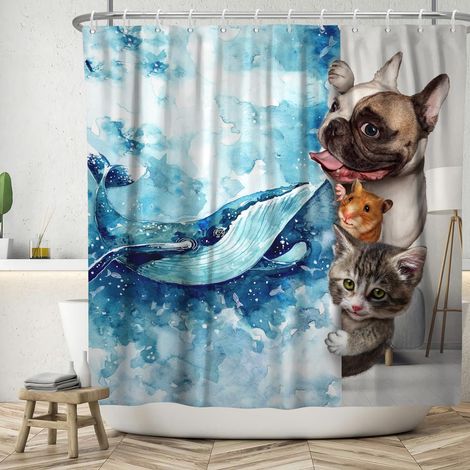 122x183cm sous Marin Baleine Rideau de Douche drôle Mignon Animal Chat Chien Bleu Blanc dégradé Baignoire Dessin animé de kirta Enfants Rideau de Douche Salle de Bains décoration Crochet (1/5)