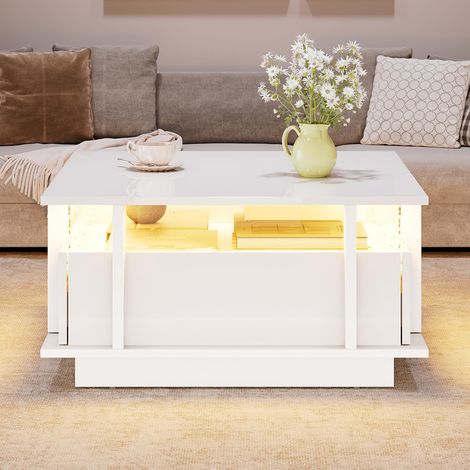 Table basse 70 x 70 x 35 cm, équipée de 2 tiroirs, d'un éclairage LED et d'une cloison en acrylique transparent, blanc