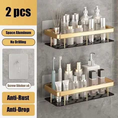 (Lot de 2 dorés) Étagère de salle de bain murale sans perçage pour flacons de shampoing, porte-bouteilles d'angle pour douche et toilettes, accessoires de salle de bain et de cuisine en aluminium (1/5)