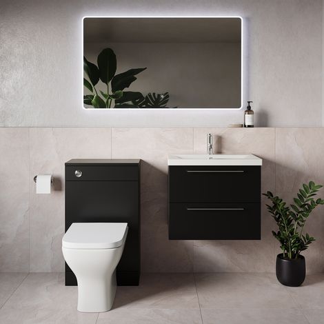 Napoli 390 Matt Black 1100mm Wall Mounted 2 Drawer Vanity Unit and Toilet Suite with Glide Basin - 1100mm - Chrome 320mm HandleWith Kingston Toilet Pan and Seat