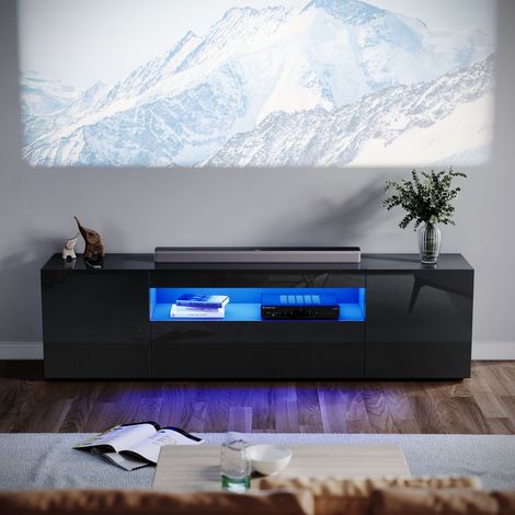 ELEGANT TV Stand Front High Gloss LED TV Cabinet Floor Stand TV Unit with Storage for Bedroom Living Room, 1800mm Black TV Entertainment Unit
