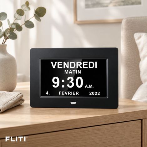 FLITI 7 Inch Digital Clock with Large 1024x600 LCD Screen, Full Date Display, 8 Languages, and Light Alarm for Seniors (1/5)
