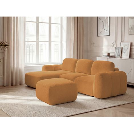 BOBOCHIC - Canapé d'angle convertible coffre MONTAIGNE tissu bouclette avec pouf Angle gauche  Jaune