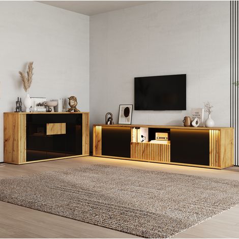 Ensemble meuble TV et buffet 2 pièces MDF noir et bois, TV jusqu’à 75 pouces (1/5)