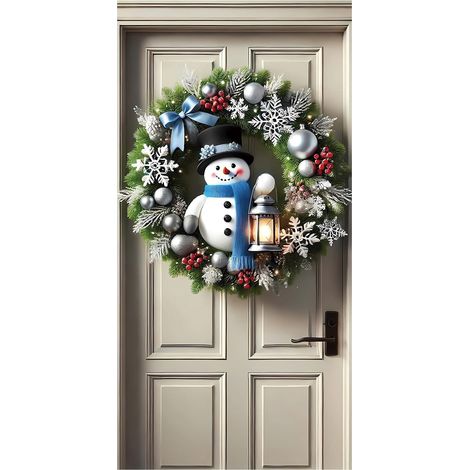 Guirlande Porte De Noël - Motif Bonhomme De Neige Et Lanterne - Fond Photo Hiver - Pour Porte D'Entrée Ou Porche - 71x35 Pouces (1/5)