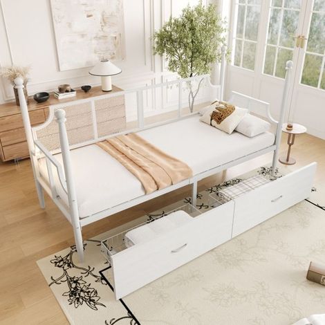 Lit en fer 90 x 200 cm - tête de lit vintage, 2 tiroirs, sommier inclus, blanc