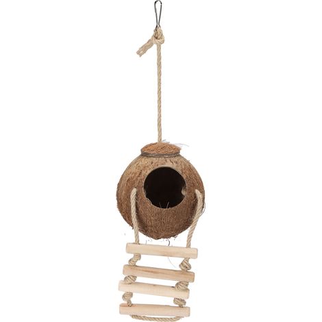 Maison suspendue en noix de coco naturelle pour perroquets, avec échelle, Cage à Hamster, balançoire, nid, jouet, coquille poilue (1/5)